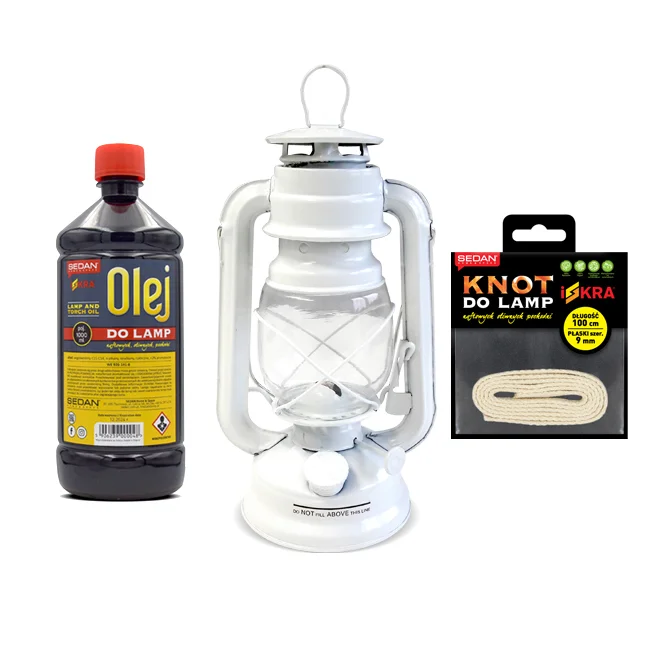 ISKRA Zestaw lampa naftowa olejowa 24 cm biała, knot i olej, 1 L oleju — Sedan